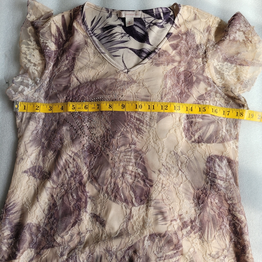 Y2K Fairycore Lace Overlay Botanical Print Blouse Rhinestones Lavender Cream - Picture 13 of 14